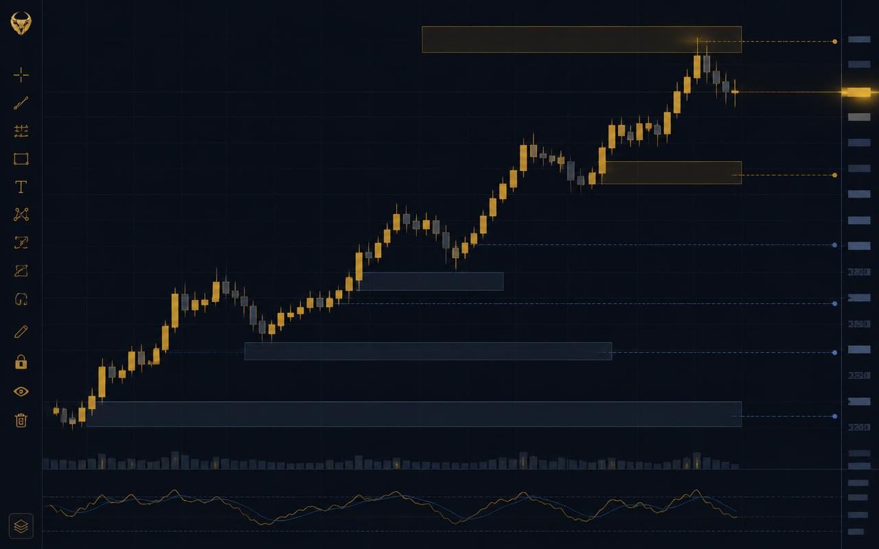 XAUUSD gold candlestick chart with marked order blocks and liquidity zones